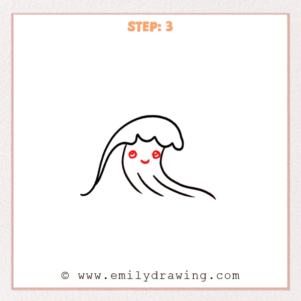 how to draw a cartoon ocean - Step 3 adds two round eyes with highlights and a small smiling mouth to the cartoon ocean wave, turning it into a cute character.